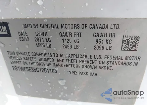 2012 Chevrolet Impala Ls из США, поврежденный, VIN 2G1WF5E35C1261103